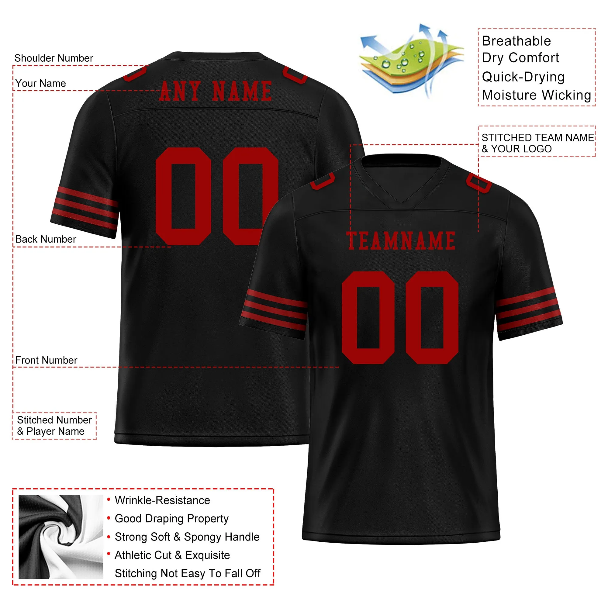 Custom Black Red Striped Sleeves Personalized Authentic Football Jersey FBJ02-D06041