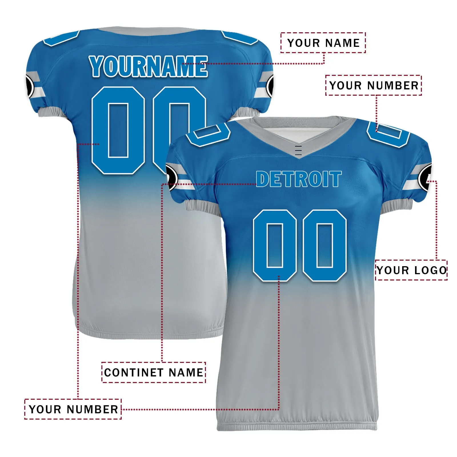Custom Blue Gray Fade Fashion Detroit High-Performance American Football Jersey FBJ06-D020252-11