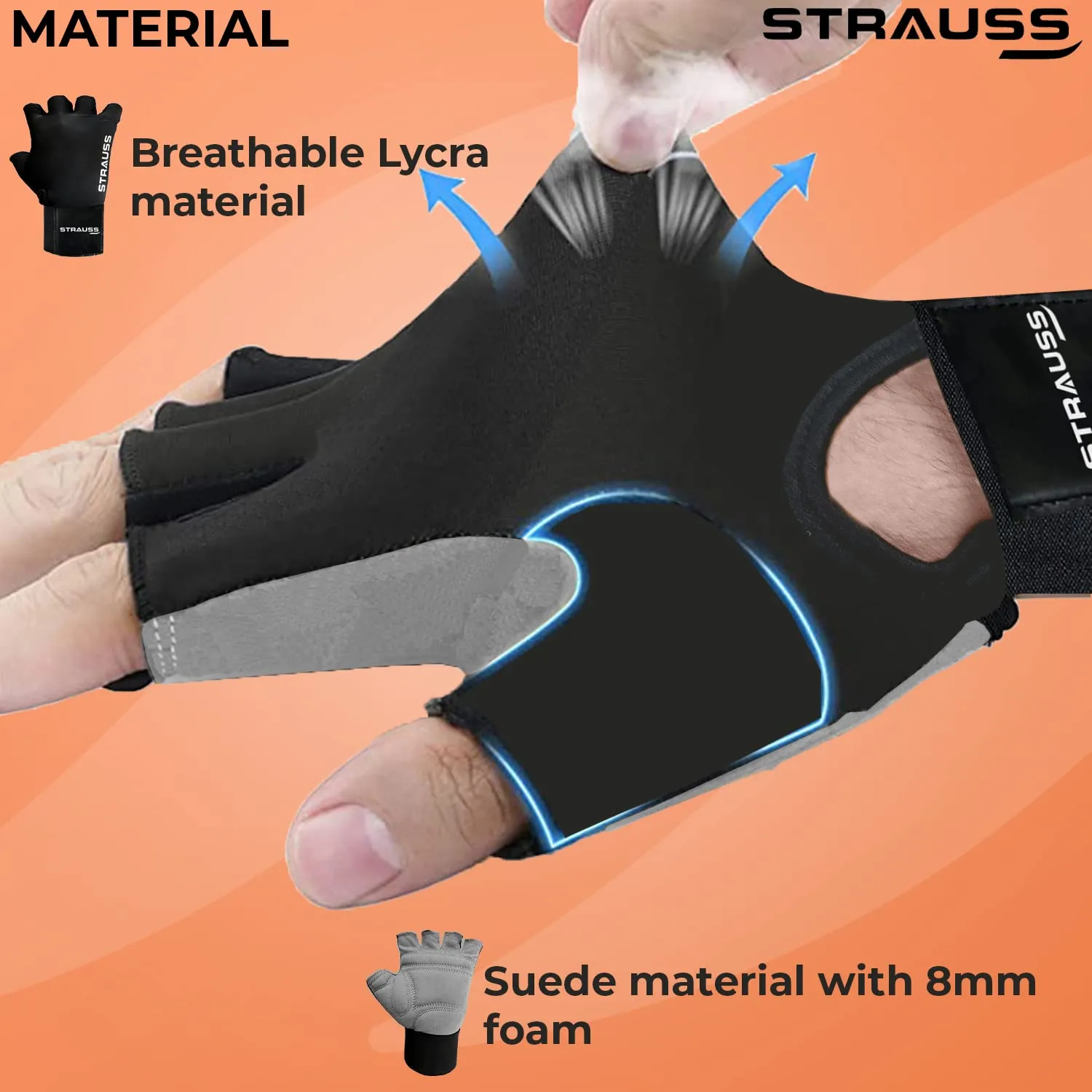 Strauss Suede Gym Gloves for Weightlifting, Training, Cycling, Exercise & Gym | Half Finger Design, 8mm Foam Cushioning, Anti-Slip & Breathable Lycra Material, (Grey/Black), (Small)
